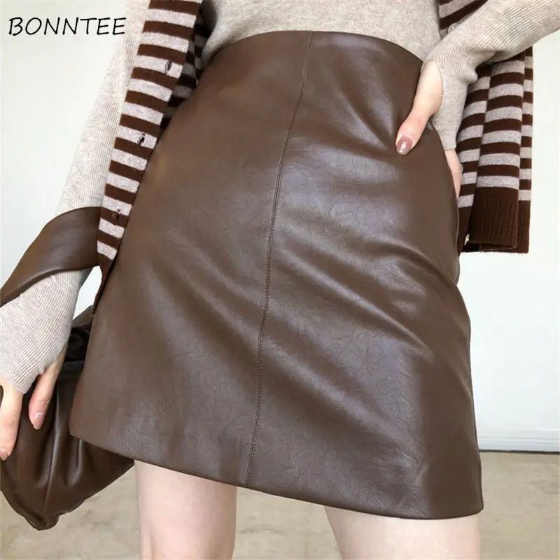 

Mini Skirts Women Pu Autumn New Vintage Casual A-line Empire Simple Solid Fashion Ins All-match Jupe Femme Aesthetic Temperament