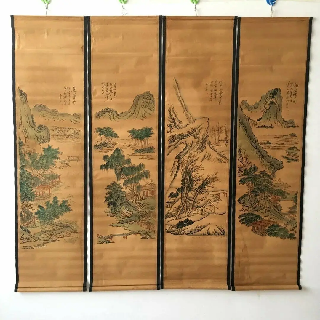 

China old scroll painting Four screen paintings Middle hall hanging painting