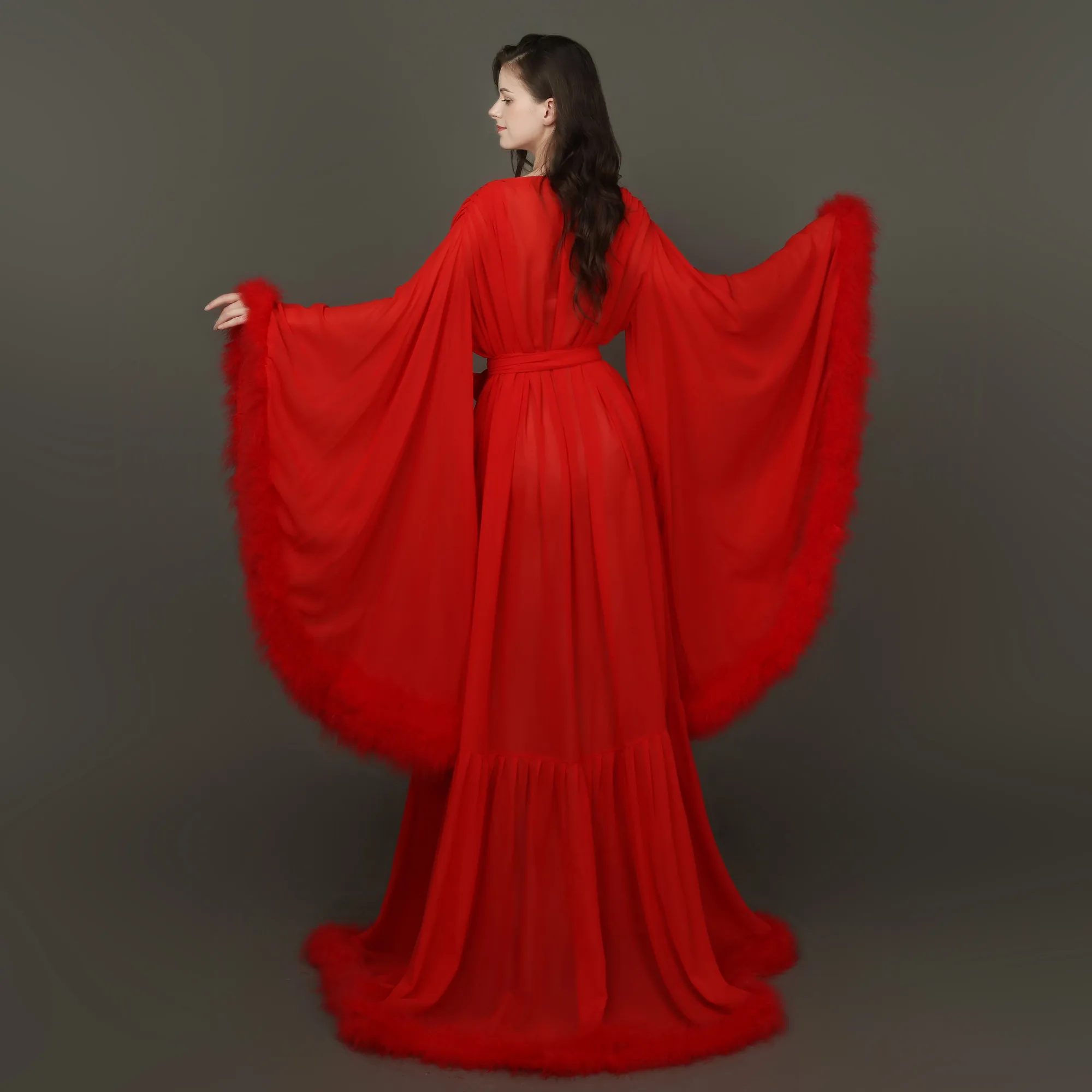 Feather Wedding Shawls Photo Robe With Belt Big Cuffs Night Gown For Women Long Sleeve Custom Made Woman Baby Shower Pajamas view 5