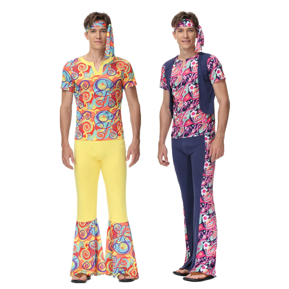 Costume Hippie rétro 60s 70s pour hommes, tenue de carnaval d'halloween, robe fantaisie Cosplay Disco