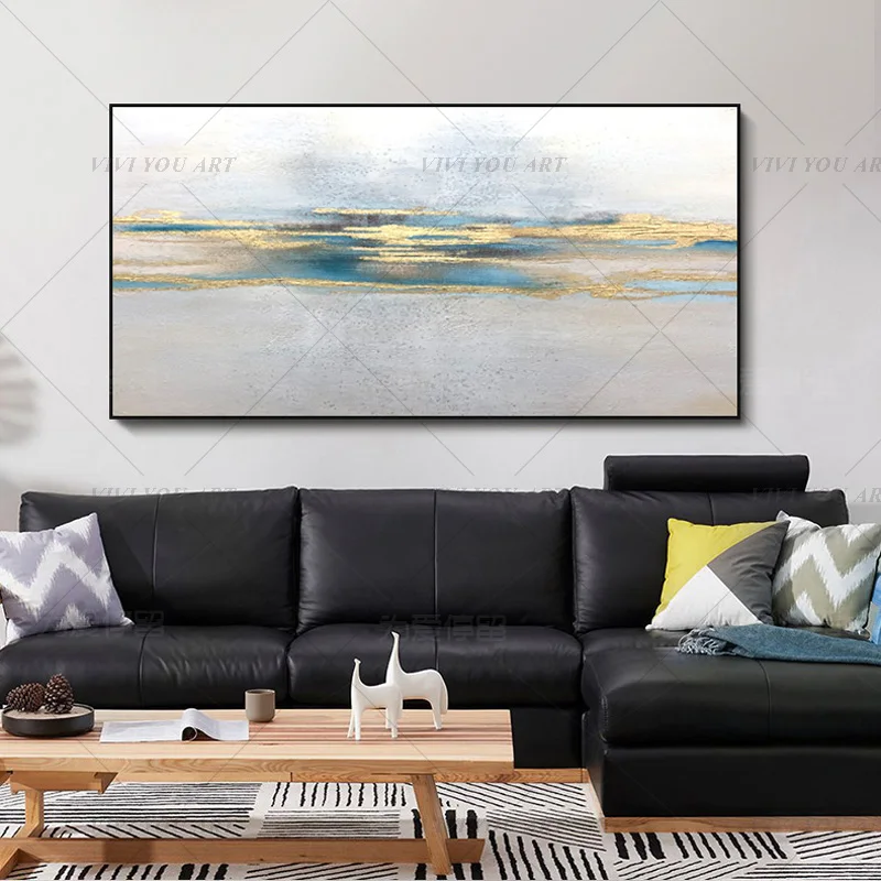 100% Handmade Muted Teal Golden Layer Textured Oil Painting for Living Room Modern Wall Decor Art Gift