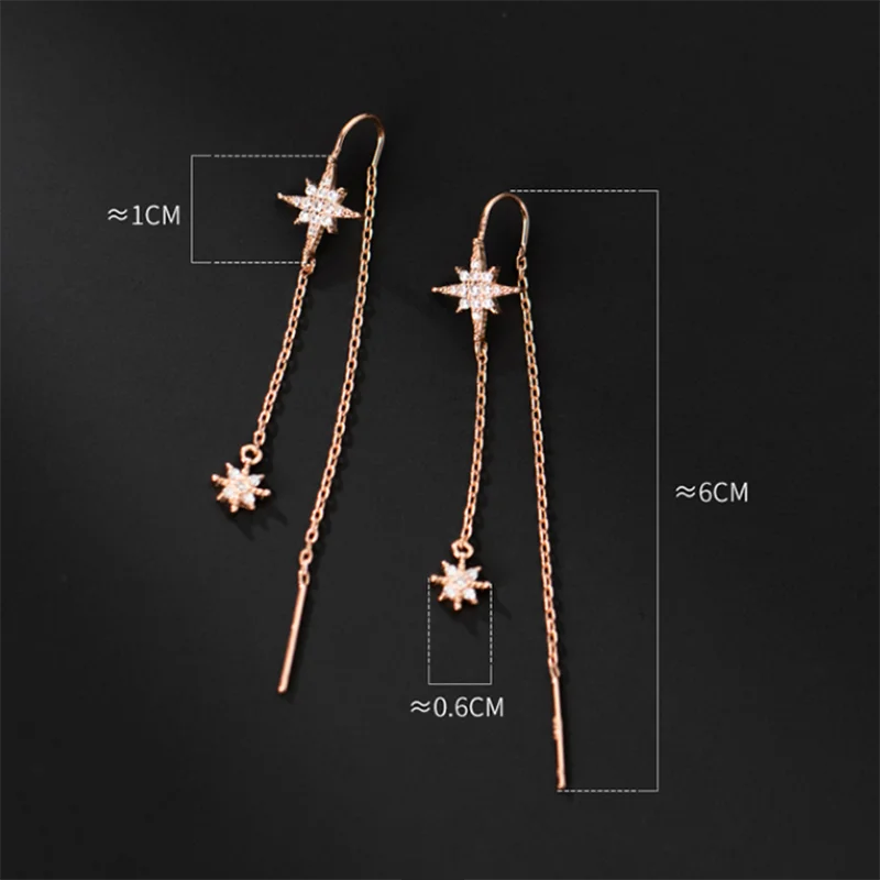 WANTME 925 Sterling Silver Ray Shiny Star Tassel Ear Line Charm Luxury Zircon Drop Earrings Women Romantic Party Jewelry Gift