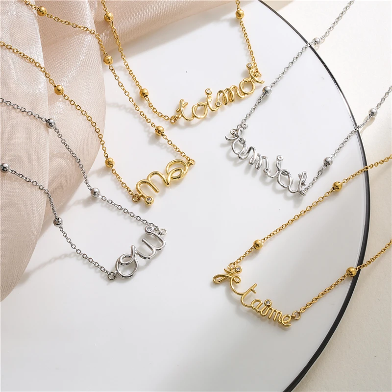 HECHENG, Letter Stainless Steel Necklace,  Gold Plated Zircon Necklace, Toi Moi Oui French Jewelry