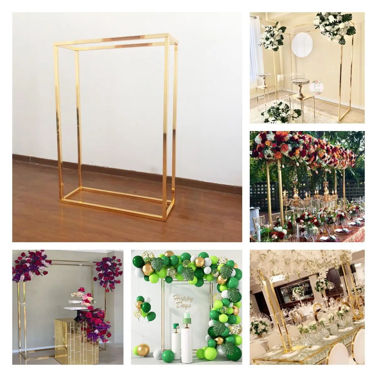 

Shiny Gold Rectangle Iron Props Frame Backdrops Decoration Wedding Table Flower Centerpieces Birthday Party Stage Balloons Shelf