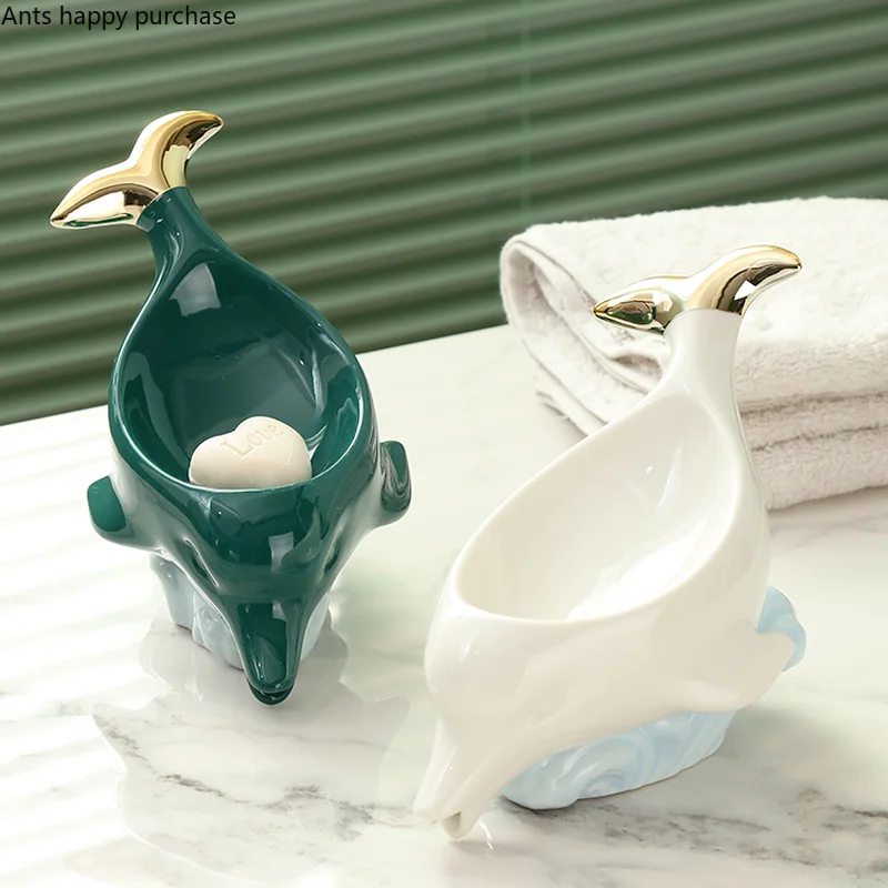 Dolphin Ceramic Soap Box Drain Soap Dish Soap Box 2-piece Set Bathroom Supplies Home Decoration Accessories Drain Soap Holder