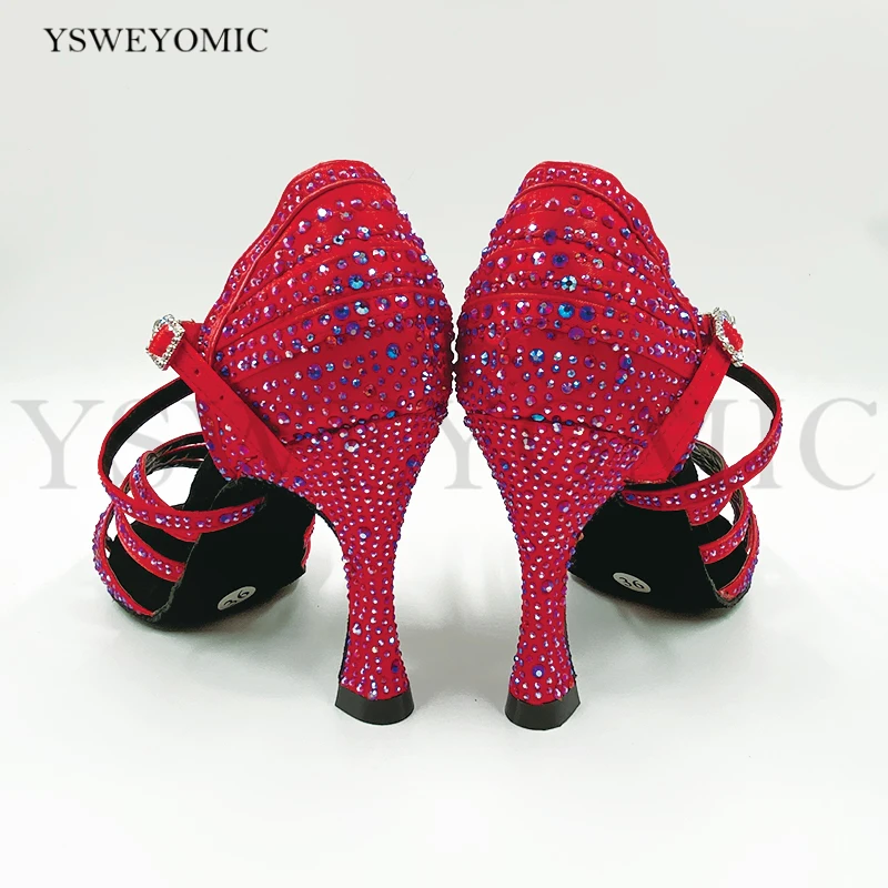 Zapatos de baile latino con diamantes de imitación rojos para mujer, Calzado cómodo de alta calidad para Salsa de salón y Bachata, novedad de 2021