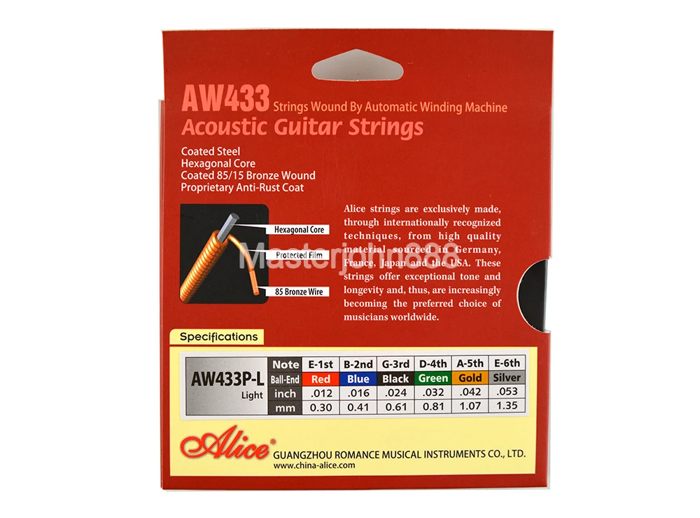 Alice AW433P-L/SL Acoustic Guitar Strings Plated Steel&Coated 85/15 Bronze Wound&Colourful Ball-End Strings