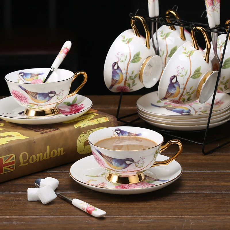 Pastoral Bird Bone China Tea Cup Saucer Spoon Set 200ml British Cafe Porcelain Coffee Cup Advanced Ceramic Teacup Drop Shipping