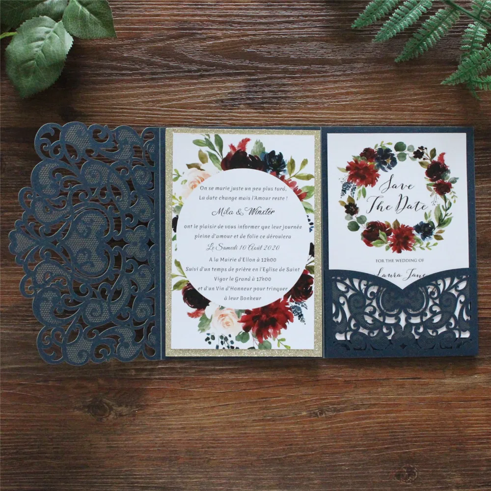 Dark Blue Wedding Invitation Card Floral Tri-Fold Pocket Customized Design With Glitter Gold Backer Hollow Laser Cutting 50 Pcs