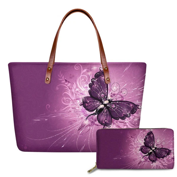 Pretty Art Butterfly Printed Women Large Handbags 2Pcs Tote Shoulder Bags&PU Leather Wallets Ladies Crossbody Bags