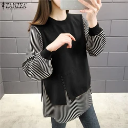 ZANZEA Fashion Long Sleeve Fake Two Pieces Tops Autumn Casual Striped Shirt Women Patchwork Blouse Loose Work Blusas Chemise