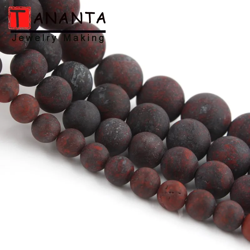 Natural Matte Dark Red Flower Jaspers Round Loose Stone Beads for Jewelry Making DIY Bracelets Accessories 15‘’ Mineral Beads