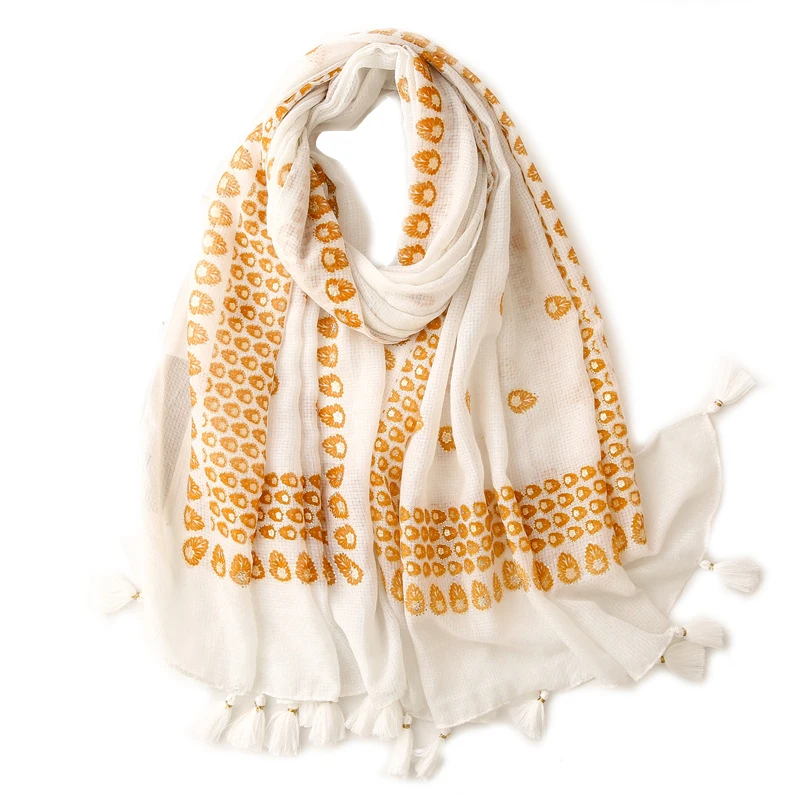 

2021 Beautiful Cotton Gold Foil Print Tassel Scarf Shawls Long Soft Women Head Geometry Scarves Hijab Wrap Free Shipping