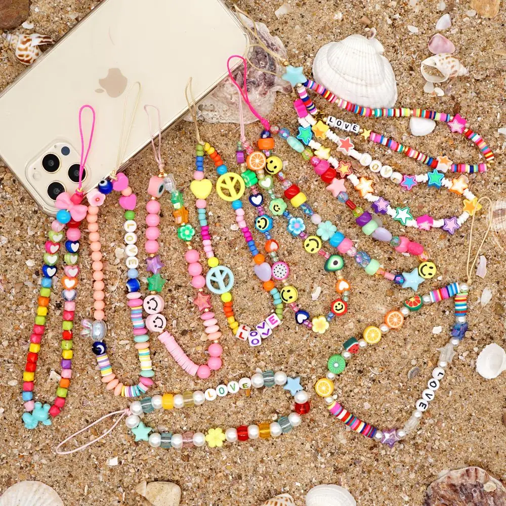 Bohemian Cell Phone Chain Bohemian Rainbow Beads Wrist Strap For Mobile Phone Holder String Colorful LanyardSmileyChains Jewelry