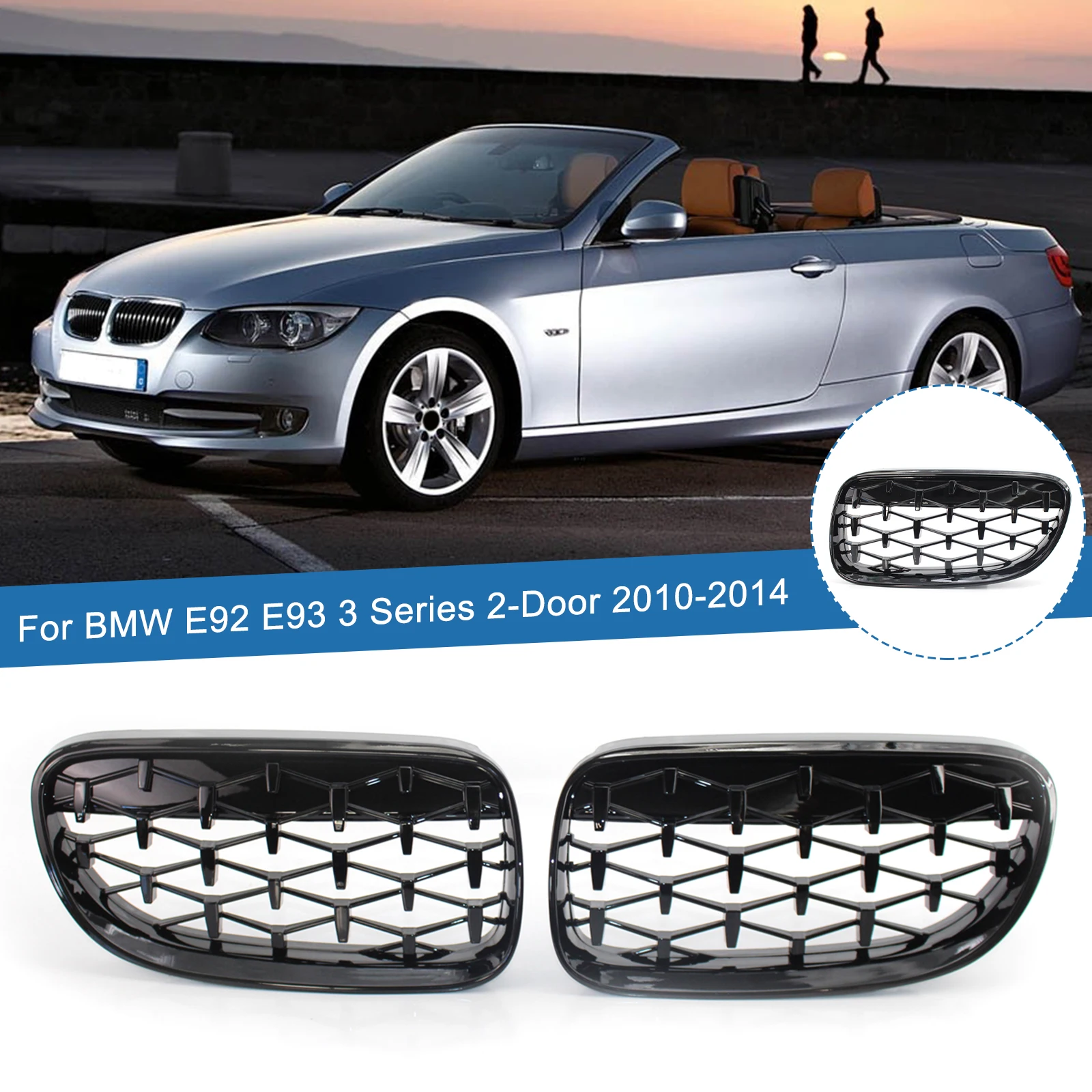 

2PCS Gloss Black Car Front Bumper Diamond Style Grilles Replacement Racing Grills For BMW 3 Series E92 E93 LCI 2-Door 2010-2014