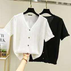 4XL 2024 Summer Cardigan Single Breasted Black White Short Women short Sleeve Loose Caridgan Female Knitted Jacket Women