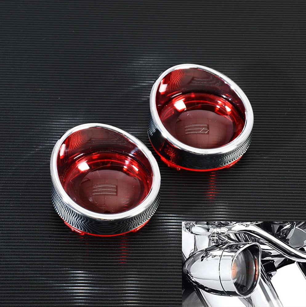 

1Pair Chrome Visor-Style Turn Signal Bezels w/Red Bullet Lens for Harley DYNA Sportster 883XL 1200XL Road King