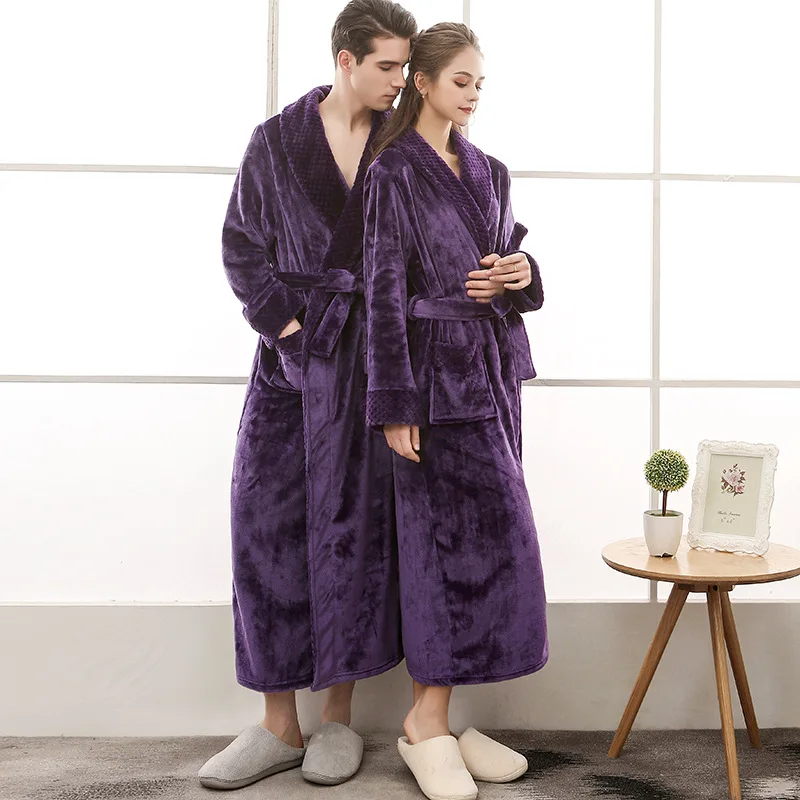 

Lovers Couple Flannel Nightwear Winter Thicken Warm Soft Robe Gown Sleepwear Purple Women Men Coral Kimono Bathrobe Gown