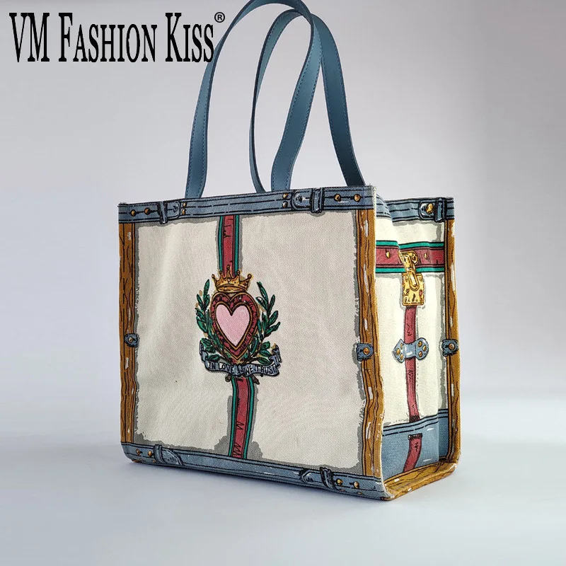 VM FASHION KISS Women Canvas Cartoon Print Shopping Bag Shoulder Tote Bag Canvas Puppy Handbag Large Capacity Cute Cartoon Totes