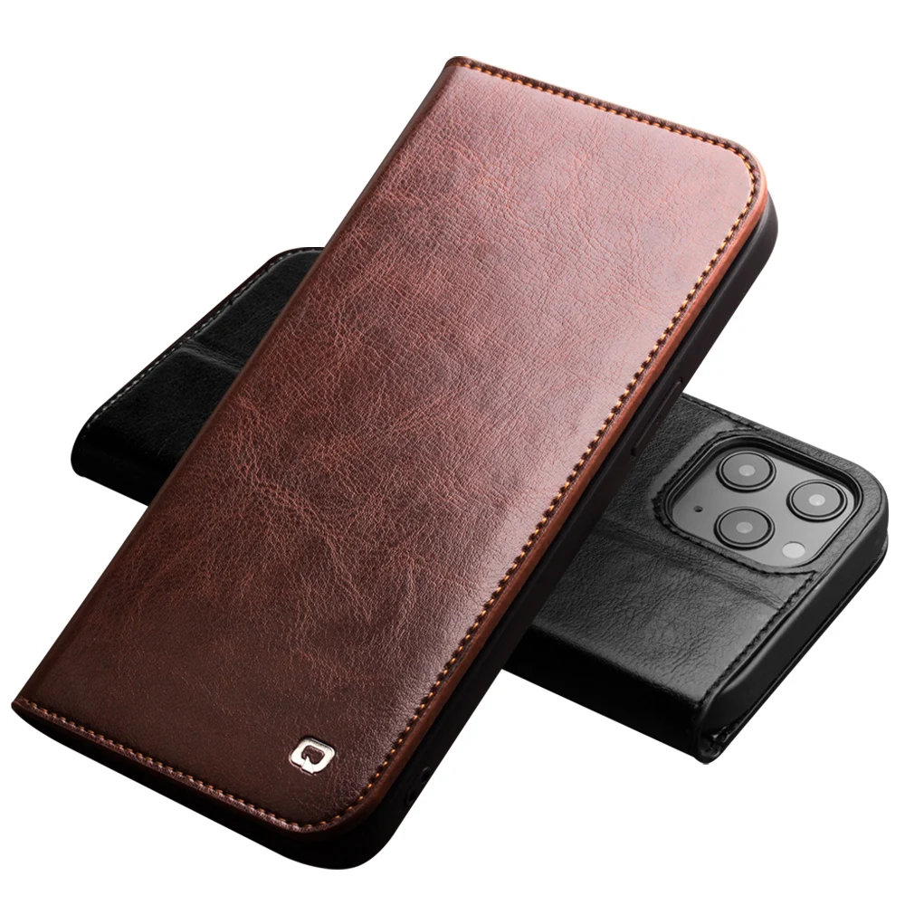 QIALINO Luxury Ultra Slim Handmade Case for iPhone12 Pro Max Genuine Leather Wallet Card Slot Bag Flip Cover for iPhone 12 mini