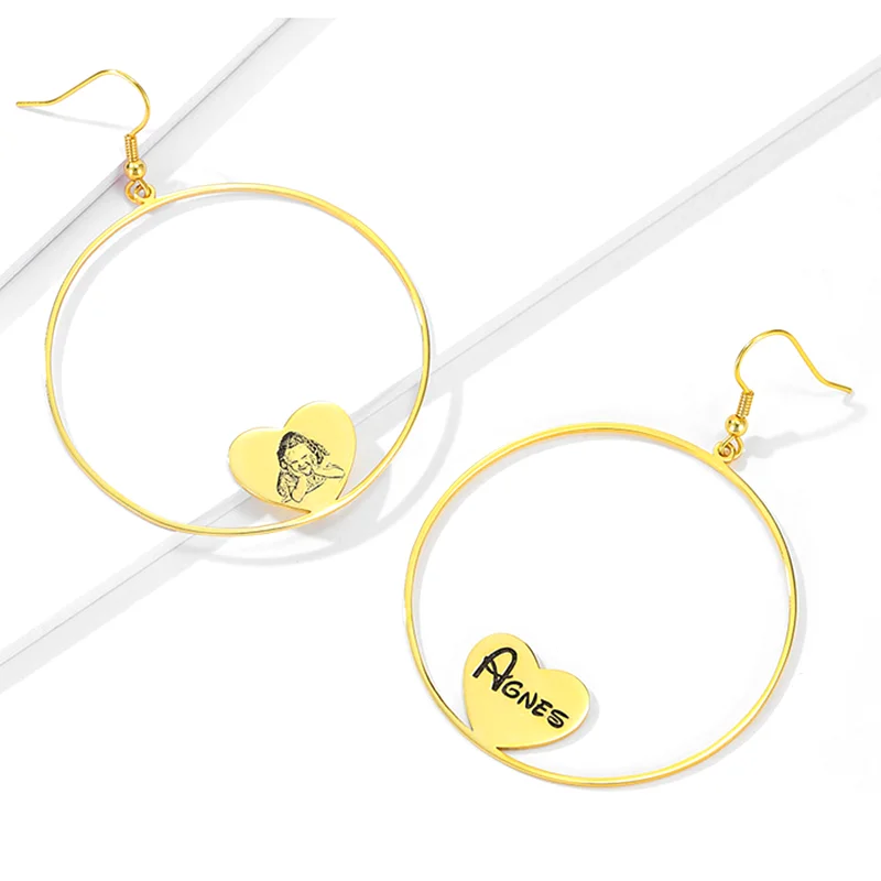 

Custom engrave Photo heart hoop Earrings For Women Personalized Name PicHeart Namplate hoop Earrings Gifs Cooper Jelwery