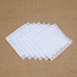 Lenço quadrado branco para homens e mulheres, lenço de algodão, estilo cavalheiro e clássico, renda útil, 26x25cm, 6 pçs/set