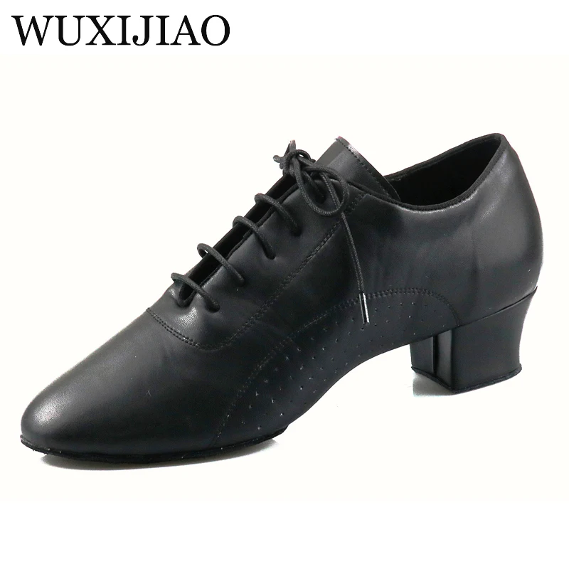 WUXIJIAO Latin Modern Dance Shoes Men\'s Leather Black and White Party Wedding Prom Dance Shoes 4.5cm Square Heel Soft Outsole