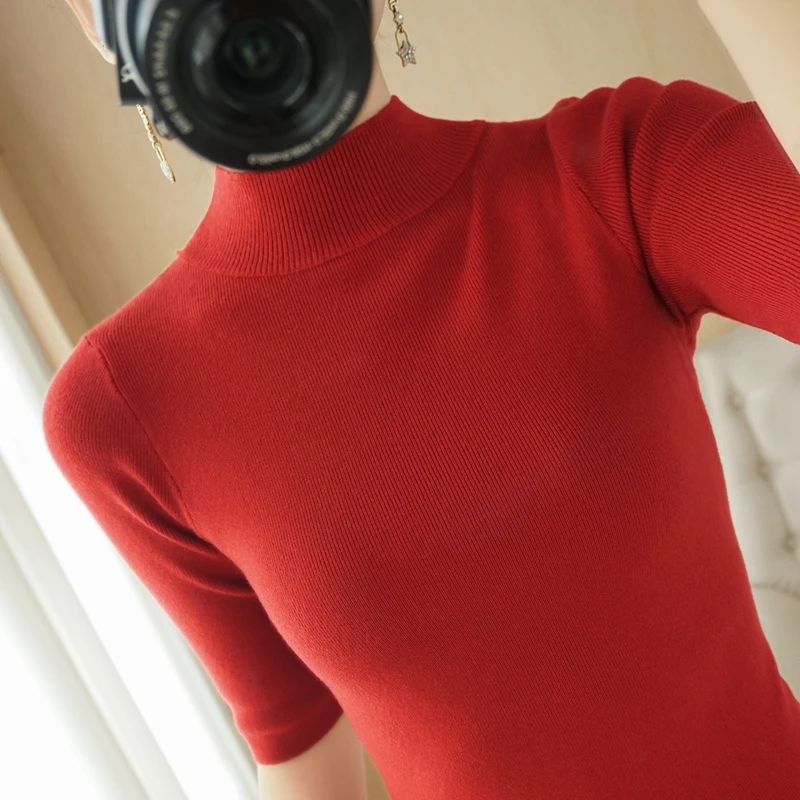 Knitted Short sleeve Spring and Summer  Half turtleneck Pullovers Slim  Sweaters  Women Short sleeve Cashmere Sweater Women