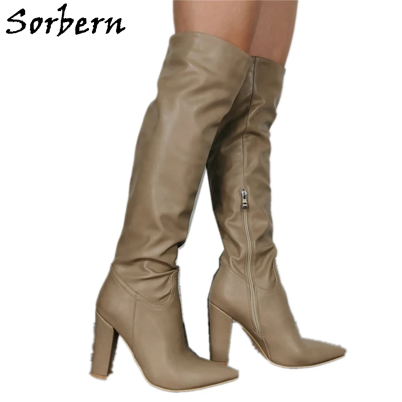 

Sorbern Khaki Block Heels Women Boots Pointed Toe Knee High Boot Females Long Widee Fit Female Shoes Custom Size