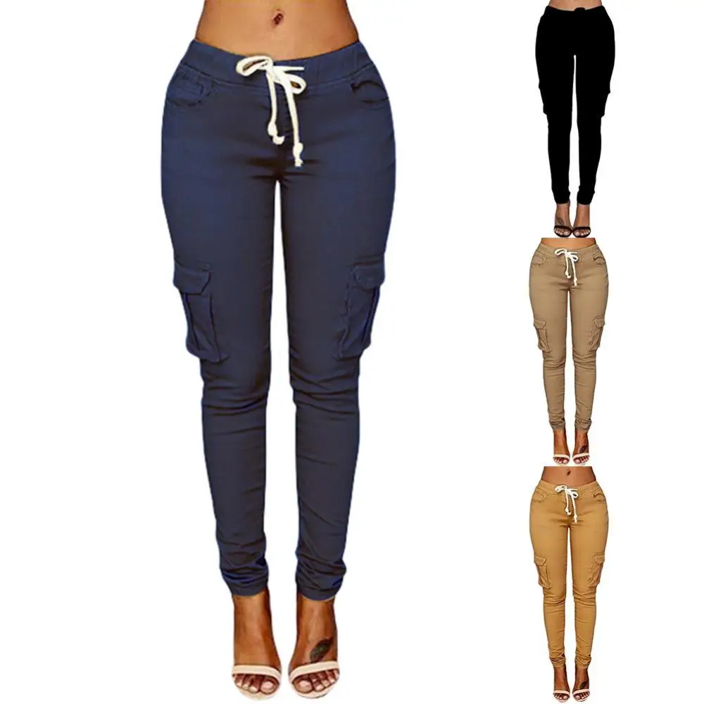 plus size woman high waist pants Solid Skinny Cargo Pants Pockets Drawstring Joggers Trousers Summer Leggings Casual Pencil Pant