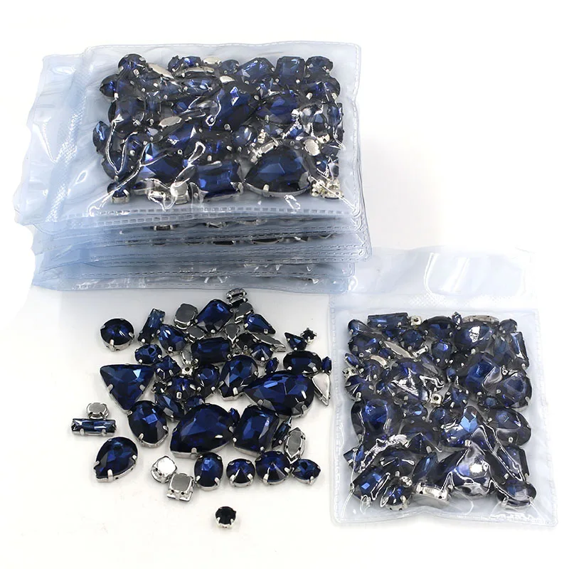 Clothing accessories  Wholesale 5 bags mixed shape glass crystal sliver base Ink-blue sew on rhinestones diy wedding dress