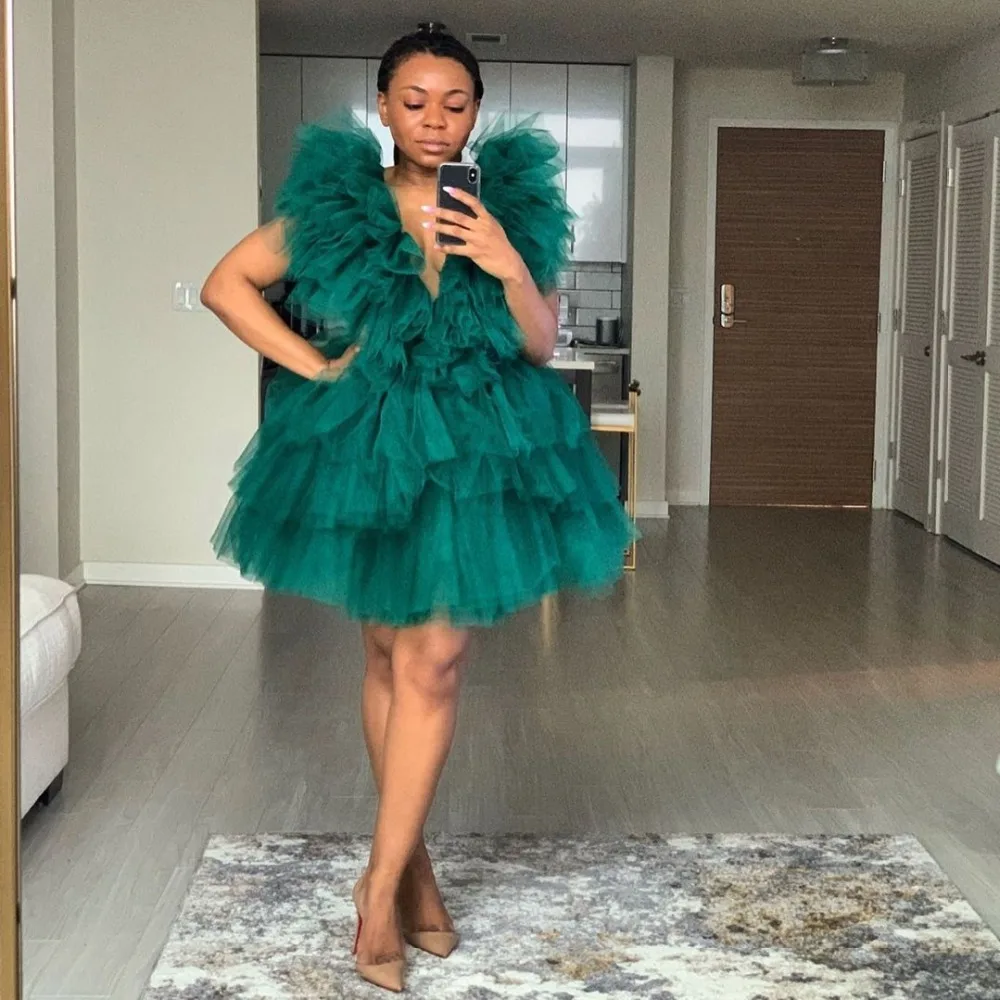 

Fluffy Tiered Tulle Women Dresses Hunter Green Knee Length Special Occasion Formal Event Dress V Neckline Ruffled Tiered