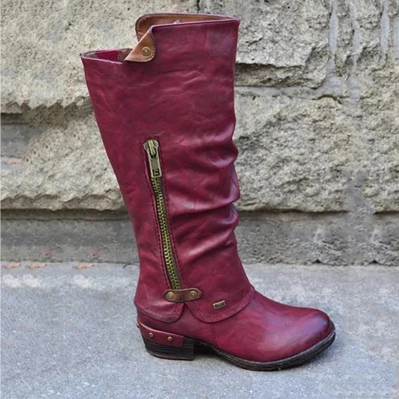 New Women Knee High Boots Winter Western Punk Boots Winter Warm Shoes Side Zipper Woman Cowboy Boots Ladies Booties Female Shoes