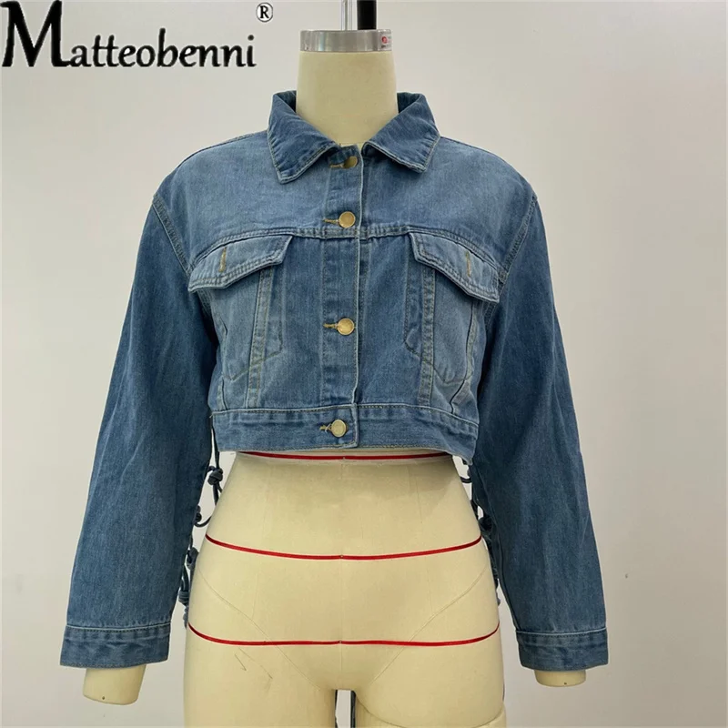 Womens Autumn 2021 New Fit Crop Tops Back Grid Tassel Design Long Sleeve Jean Coat Ladies Casual Street Denim Jacket