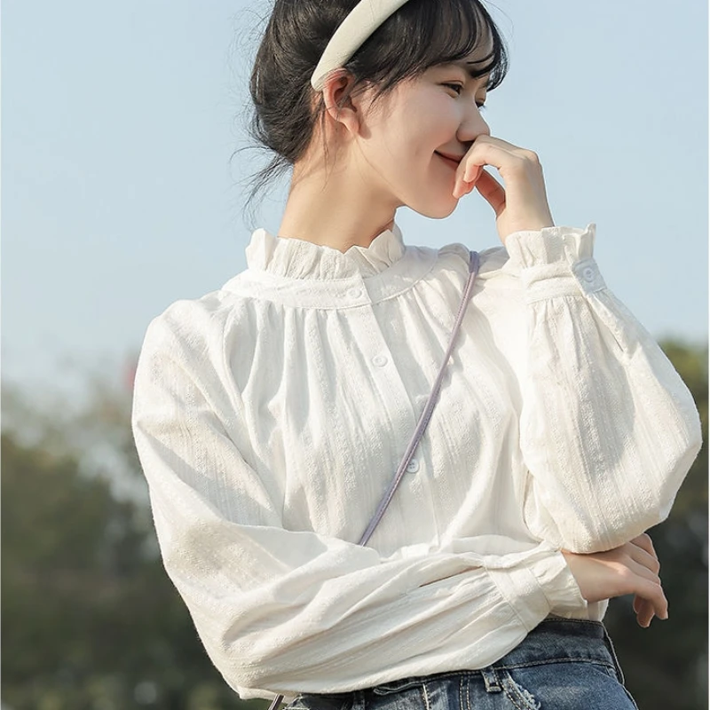 White Shirts Women Long Sleeve Stand Collar Designed Sweet Girls Students College Solid Korean Style Feminine Camisas Ulzzang