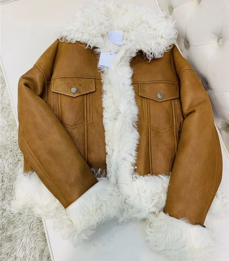 Genuine Sheepskin Leather Jacket Women Real and Natural Sheep Curl Coat Slim Double Faced Fur Motorcycle Coats for Winter