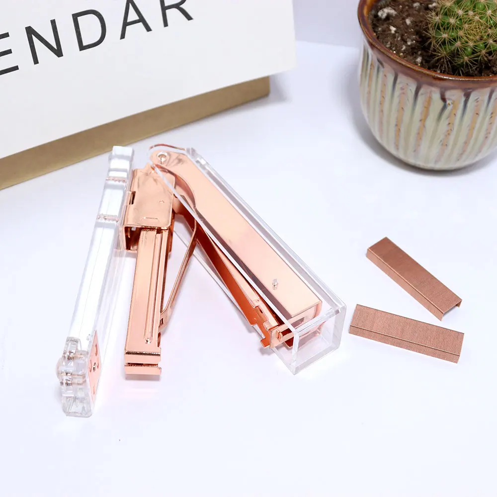 Rose Gold Acrylic Desk Set Assortment Stapler Paper Clips Holder Dispenser Pen Holder Clear Acrylic Office Accessories