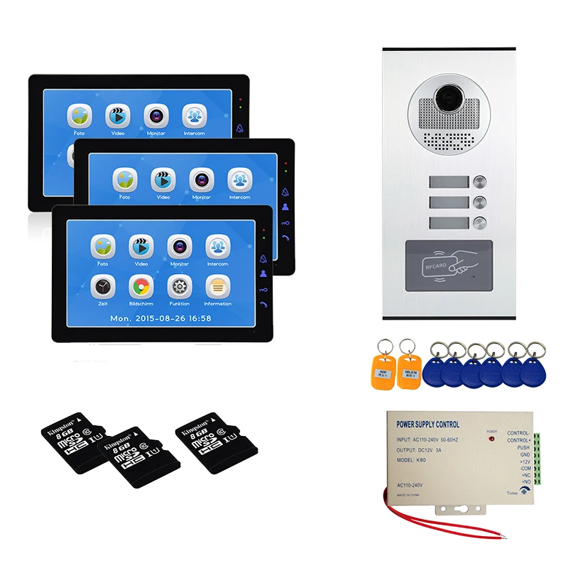 9 inch Multi Apartments Families Video Doorbell Door Intercom System Record RFID Keyfobs Function with 4 Monitor for Apartments