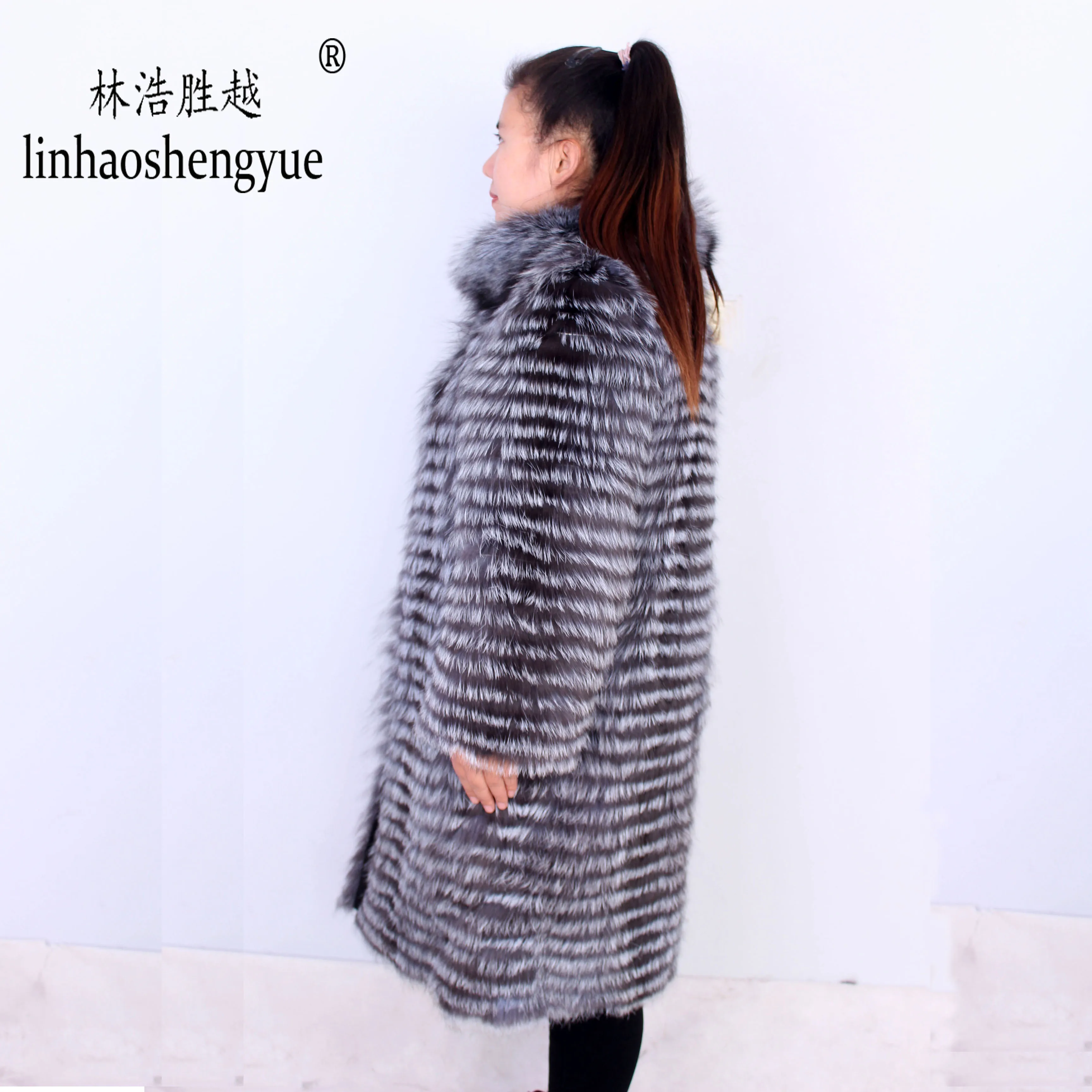 Linhaoshengyue  90cm Long Real Silver Fox  Nature Fur Coat  Wool  Knit Liner,Stylish Stand Collar