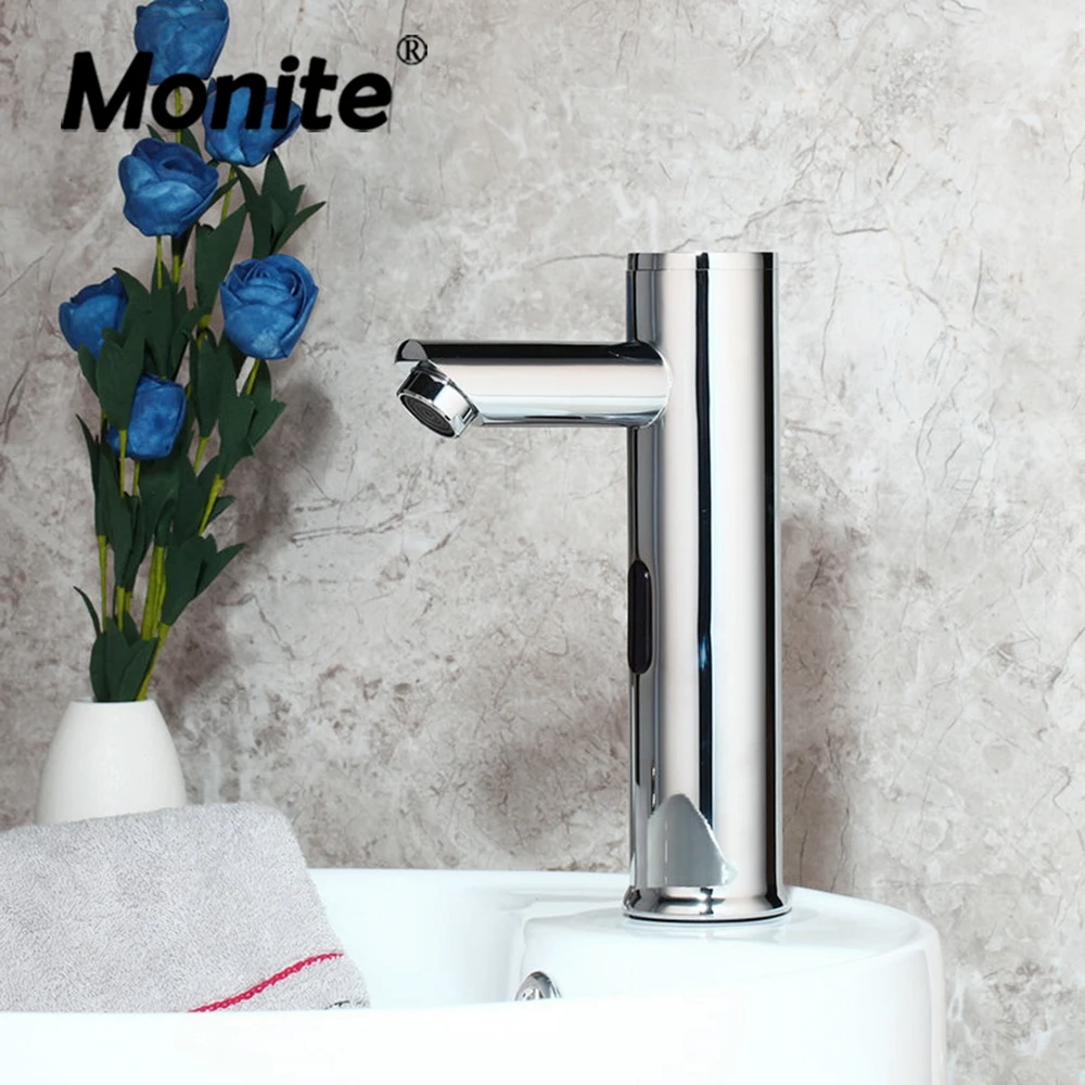 Monite Chrome Polished Stream Automatic Sensor Black Nickel Touch-Free Infrared Bathroom Basin Wash Sink Sense Faucets Tap Mixer