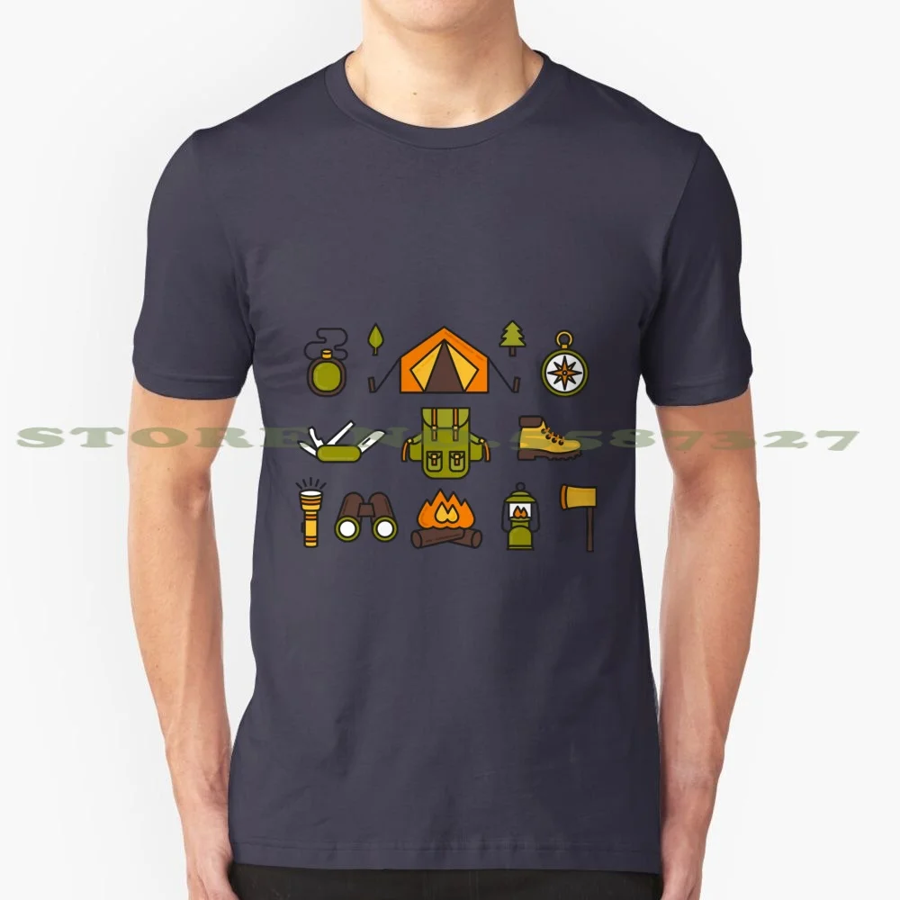 Camping Pattern 100% Cotton T-Shirt Camping Scouts Hiking Outdoors Wilderness Mountain Climbing Gear Ten Rucksack Binoculars