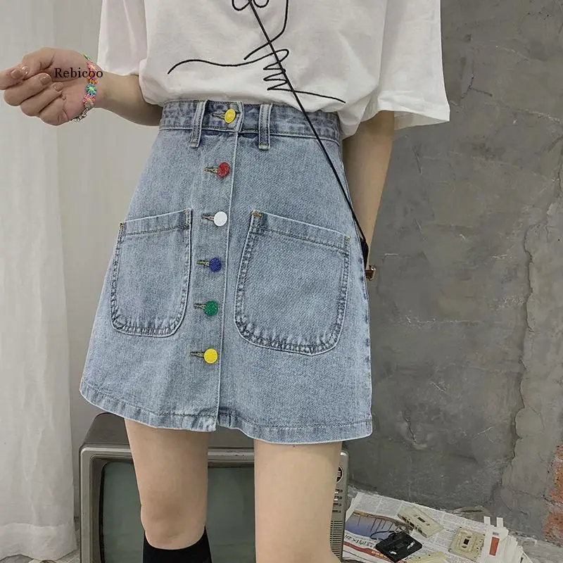 Summer women denim skirt  Casual A-line colorful buttons skirts Girls pockets demin skirt  S-XL