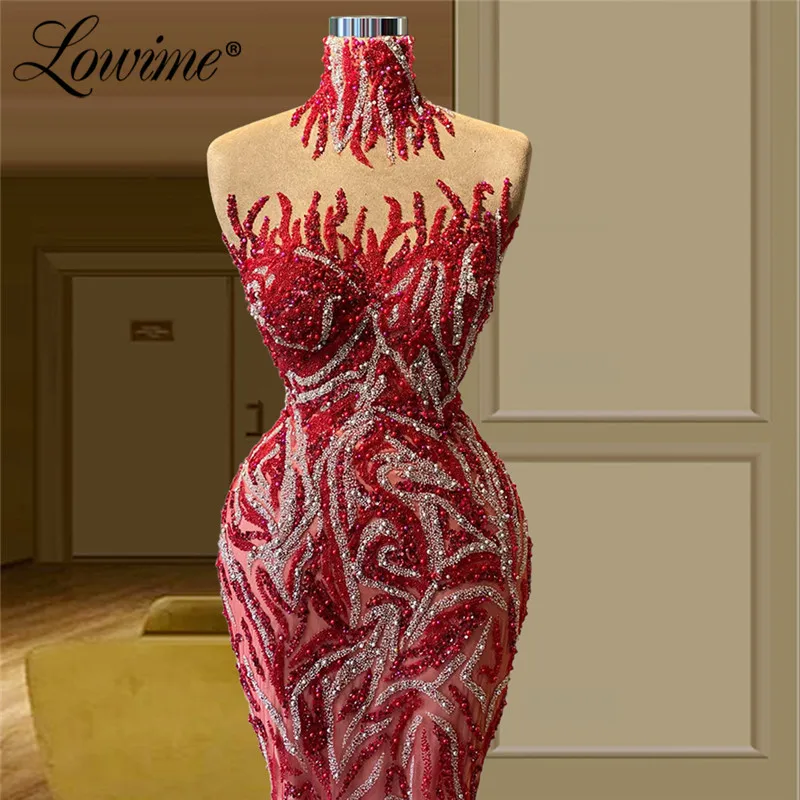 Lowime Burgundy Long Beads Evening Dresses 2021 New Arrival Dubai High Neck Illusion Mermaid Party Gowns Celebrity Dresses Prom