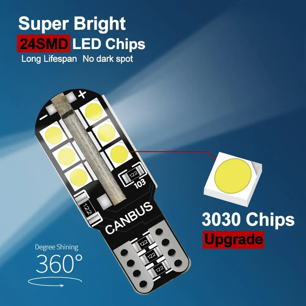 2pcs T10 W5W Led Bulb 24SMD 3030 Chips Canbus Error Free 194 168 Led Lamp Car Interior Reading Light Super Bright 6000K White
