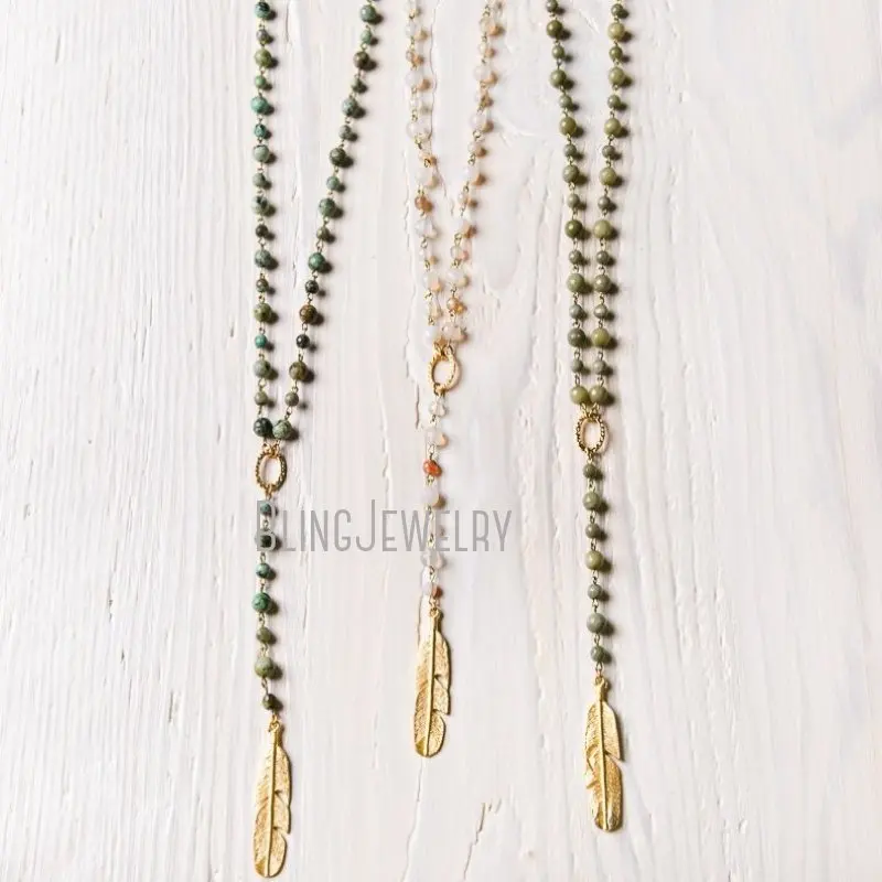 NM23843 Bohemian Stone Rosary Chain Lariat Y Necklace With Feather Collar Boho Handmade Jewelry For Women