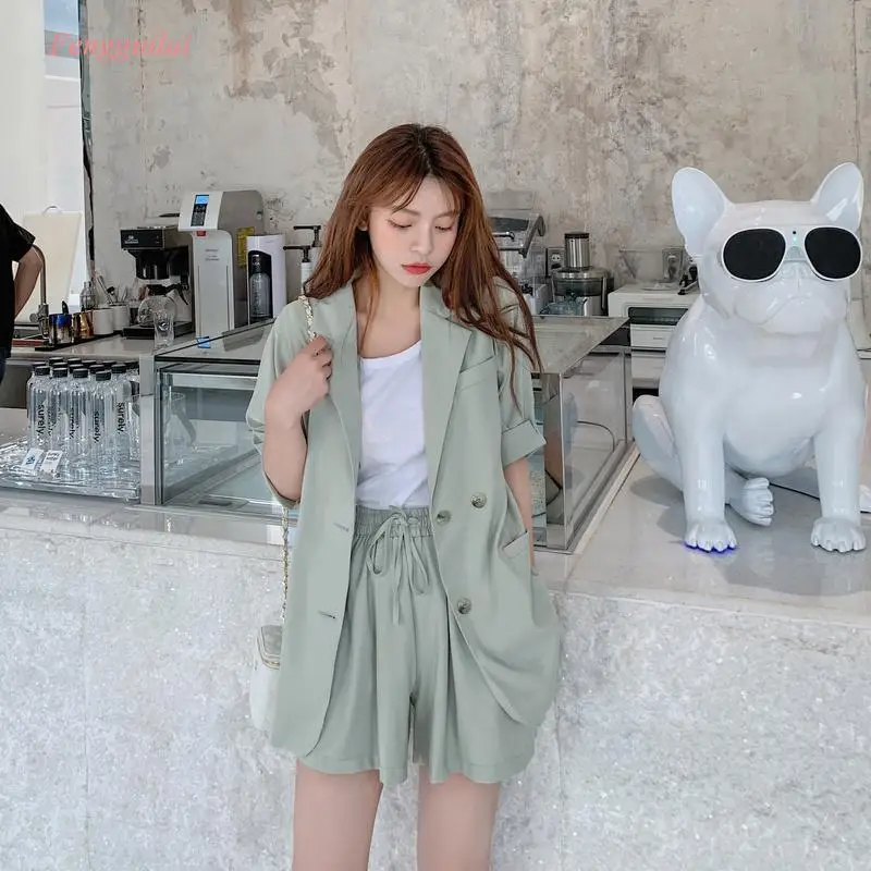 

Women Shorts Set Small Suit Female Korean 2020 Summer Thin Korean Loose Jacket and Shorts Two Piece Sets Elegant Office Ladies