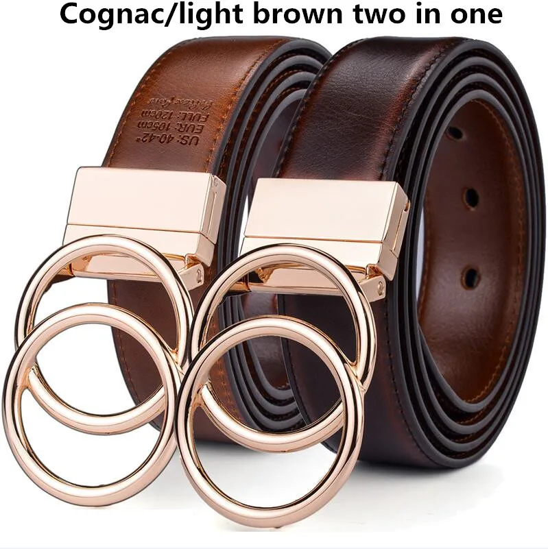 小物 W double reversible leather belt ovy Women Reversible Leather Belt 2 in 1 Rotated 2 Rings Gold Buckle
