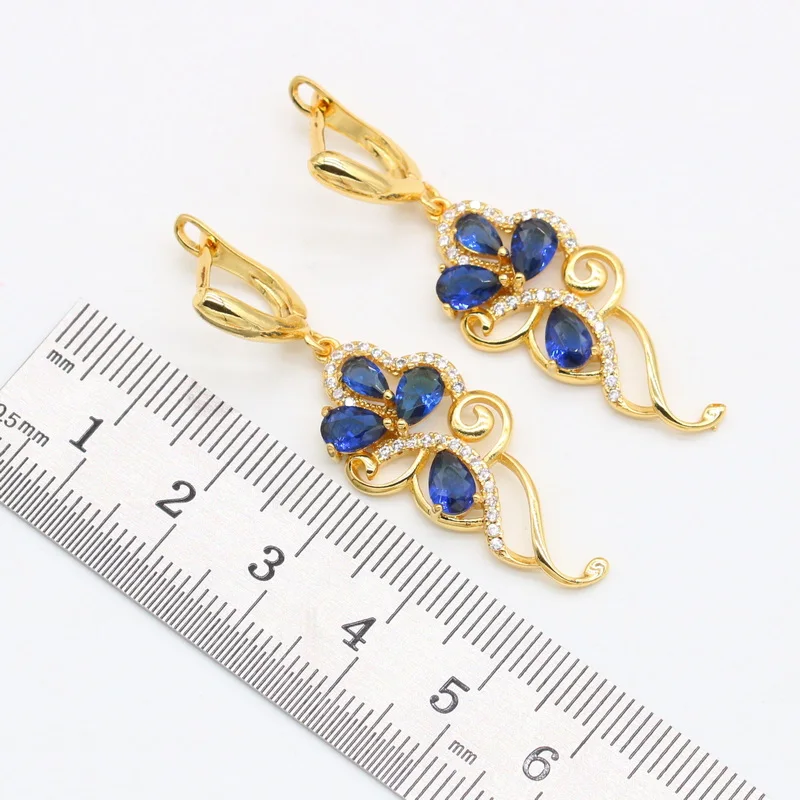 花と青の金メッキジュエリーセット,18k,女性用,イヤリング,ネックレス,ペンダント,リング,ブレスレット,誕生日プレゼント