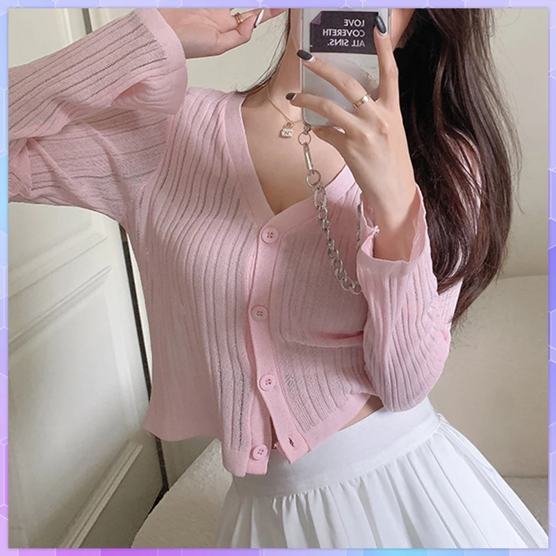 Solid Women\'s Thin Shirt Jacket Summer Crop Top Cardigan Knit Tops Hollow V-neck Loose Long Sleeved Sunscreen Tee Shirt Blusas