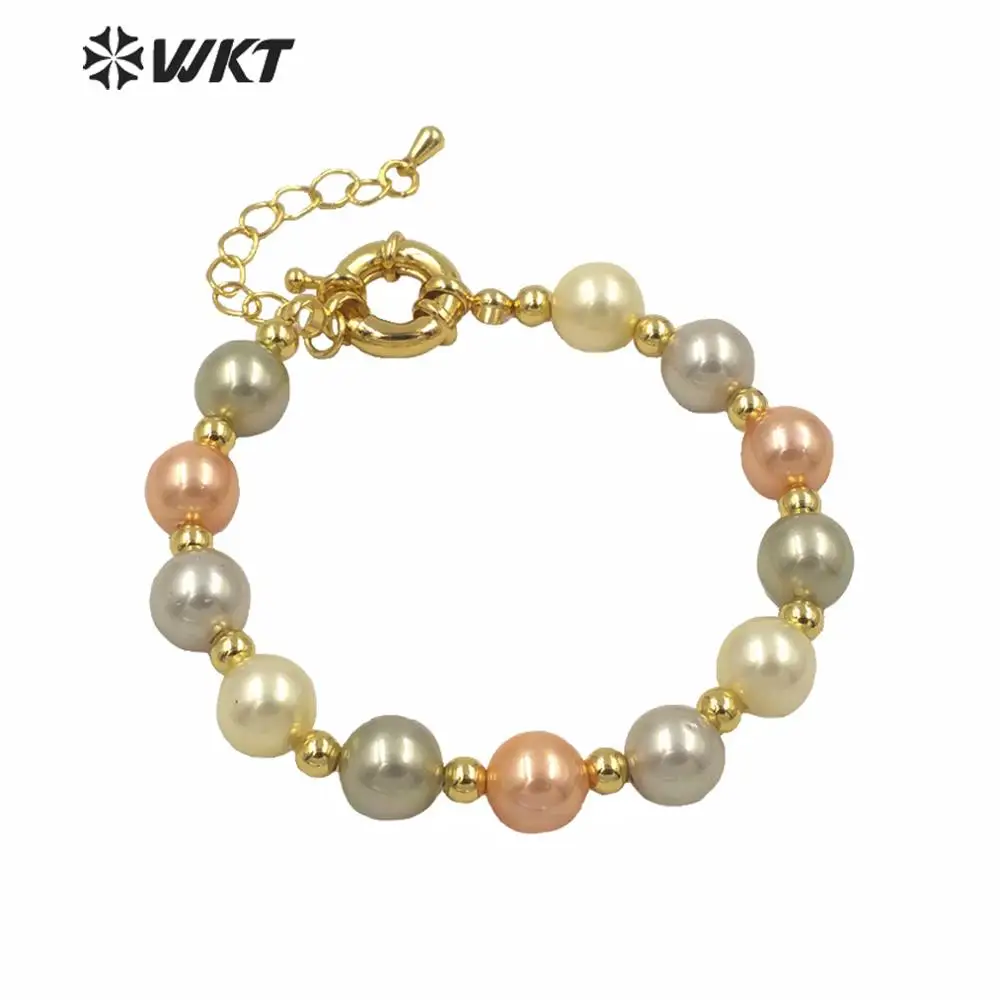 WT-MPB030 Wholesale Unique Fashion Natural Shell Pearl Beads Bracelet With Extend Chain Gold Round Clasp Jewelry Findings